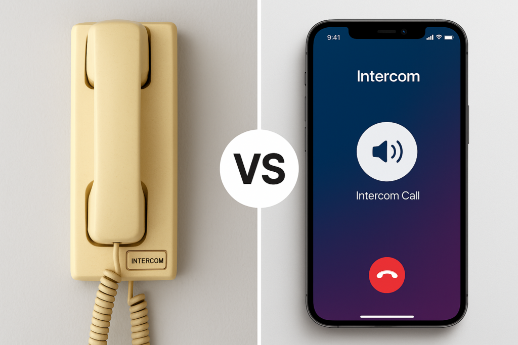 A side-by-side comparison graphic showing an old, yellowing audio handset next to a modern, sleek mobile app screen with an intercom call