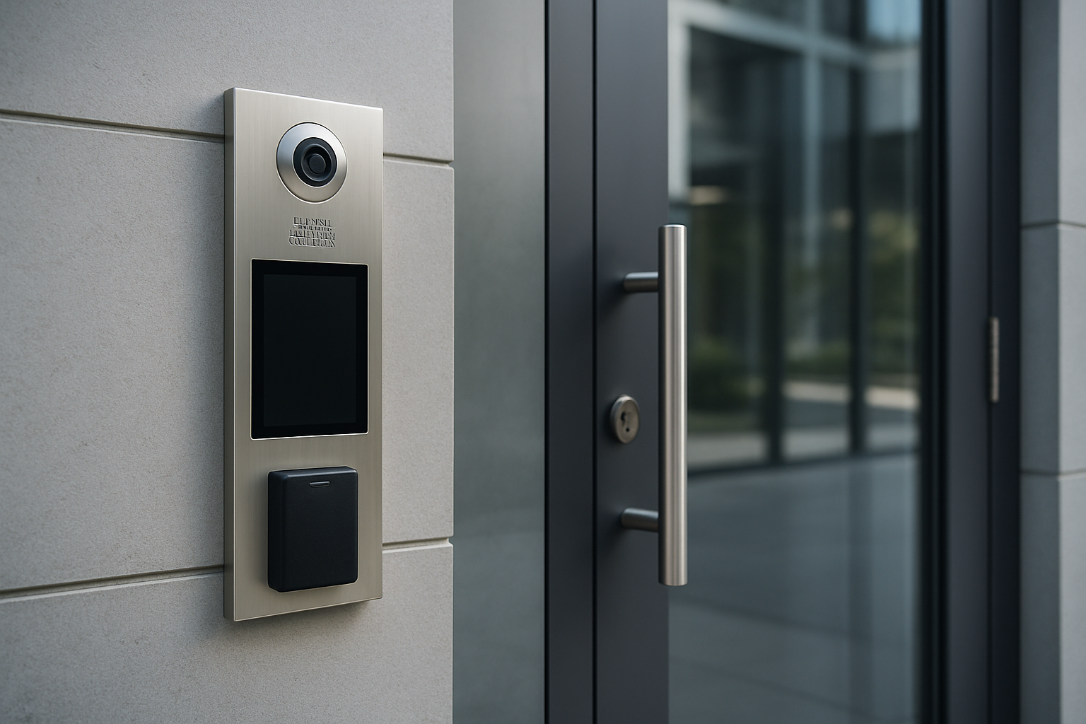 A modern commercial building entrance with a sleek video intercom panel